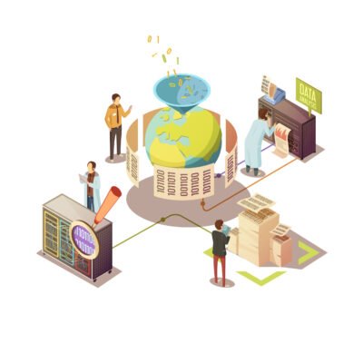 Information Processing Isometric Design Isometric design with search and processing of global information staff and computer equipment vector illustration